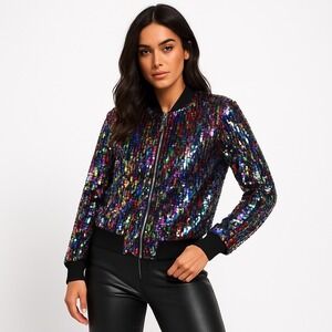 Cresay Womens Rainbow Sequin Bomber Jacket Full Zip Sparkle Festival Outerwear